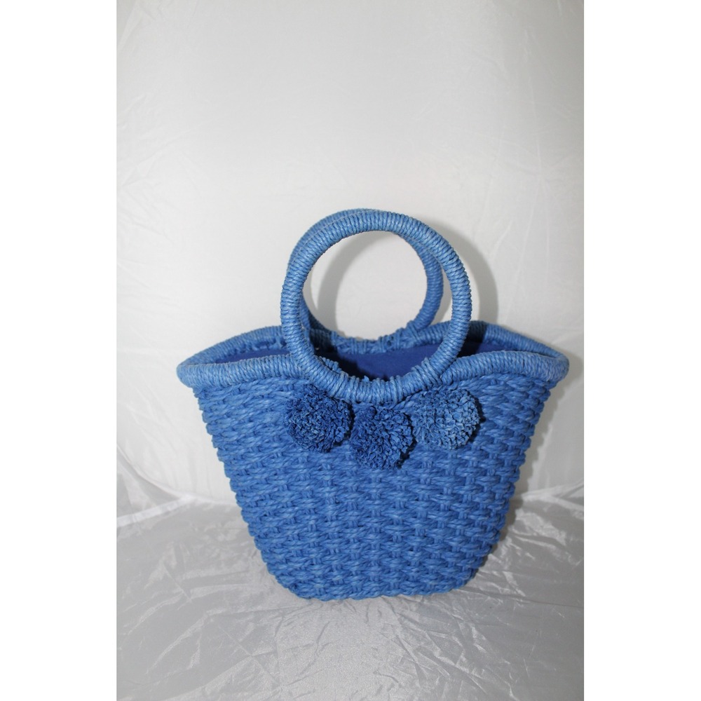 Banana Republic Blue Woven Straw Pom Pom Mini Tote Bag Drawstring Basket Handbag